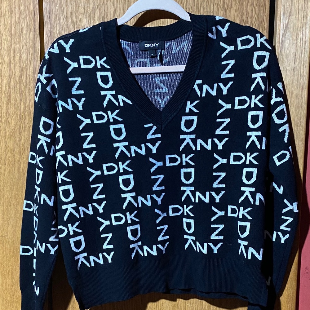 DKNY Black Sweater with White Logo Pattern